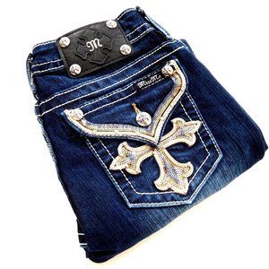 Miss Me Bootcut Sequin Cross Rhinestone Embellished Flap Pocket Jeans 28 (30X34)